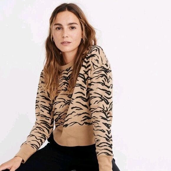 Madewell Medium TigerStripe Crop Sweatshirt Brown Black Animal Print Long Sleeve - Picture 1 of 13